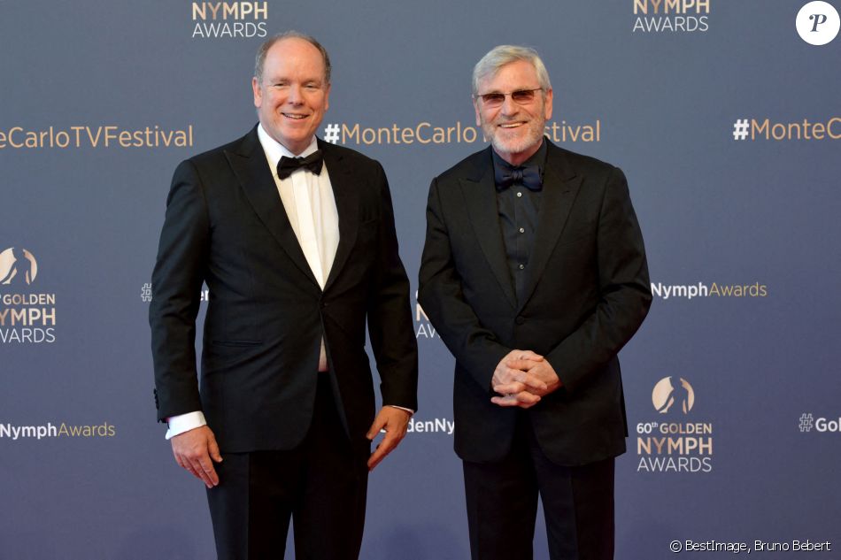 Le prince Albert II de Monaco et Tchéky Karyo lors du photocall de la cérémonie des Nymphes d'Or du 60ème festival de télévision de Monte Carlo au Grimaldi Forum à Monaco le 22 juin 2021. © Bruno Bebert / Bestimage