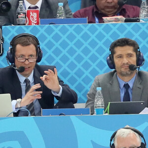 Les commentateurs Bixente Lizarazu et Grégoire Margotton lors de la 8ème de finale du match de coupe du monde opposant l'Angleterre à la Colombie au stade Spartak à Moscow, Russie. © Cyril Moreau/Bestimage