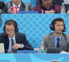 Les commentateurs Bixente Lizarazu et Grégoire Margotton lors de la 8ème de finale du match de coupe du monde opposant l'Angleterre à la Colombie au stade Spartak à Moscow, Russie, le 3 juillet 2018. © Cyril Moreau/Bestimage