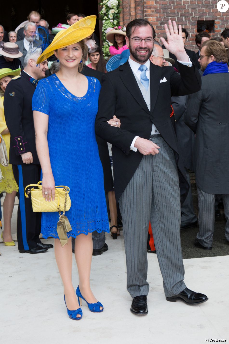 Princesse Stéphanie de Luxembourg & le prince Guillaume de Luxembourg - Mariage de la princesse Alix de Ligne et Guillaume de Dampierre, en l'église Saint-Pierre à Beloeil, en Belgique. Belgique, Beloeil, 18 juin 2016
