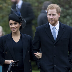 Le prince Harry, duc de Sussex et sa femme Meghan Markle, la duchesse de Sussex enceinte - La famille royale britannique se rend à la messe de Noël à l'église Sainte-Marie-Madeleine à Sandringham, le 25 décembre 2018.