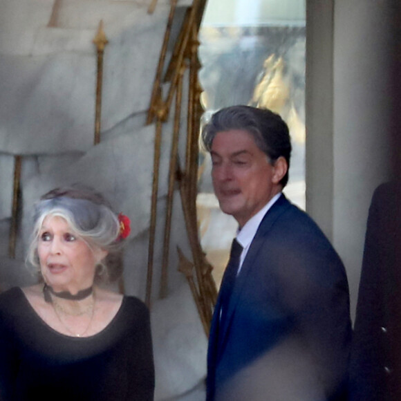 Brigitte Bardot sur le perron du palais de l'Elysée, après son entretien avec le président de la République. Paris, le 24 juillet 2018.