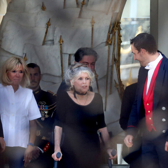 Brigitte Bardot sur le perron du palais de l'Elysée, après son entretien avec le président de la République. Paris, le 24 juillet 2018.
