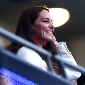 Le prince William, duc de Cambridge, et son épouse Kate (Middleton), duchesse de Cambridge, assistent à la finale de l'Euro 2020 opposant l'Angleterre à l'Italie au stade de Wembley. Londres, le 11 juillet 2021.