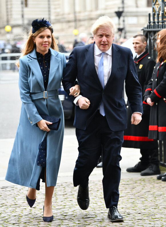Le premier ministre britannique Boris Johnson et sa compagne Carrie Symonds (enceinte) - Arrivées à la cérémonie du Commonwealth en l'abbaye de Westminster à Londres. Le 9 mars 2020
