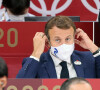 Emmanuel Macron, président de la République Française, au côté de Jean-Michel Blanquer, ministre de l'Education Nationale, et Tony Estanguet lors de la cérémonie d'ouverture des Jeux Olympiques de Tokyo 2020, le 23 juillet 2021. 