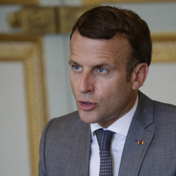 Emmanuel Macron, président de la République Française, en visioconférence depuis le palais de l'Elysée dans le cadre du 5ème Sommet France-Océanie. Paris, le 19 juillet 2021. © Yoan Valat/Pool/Bestimage 