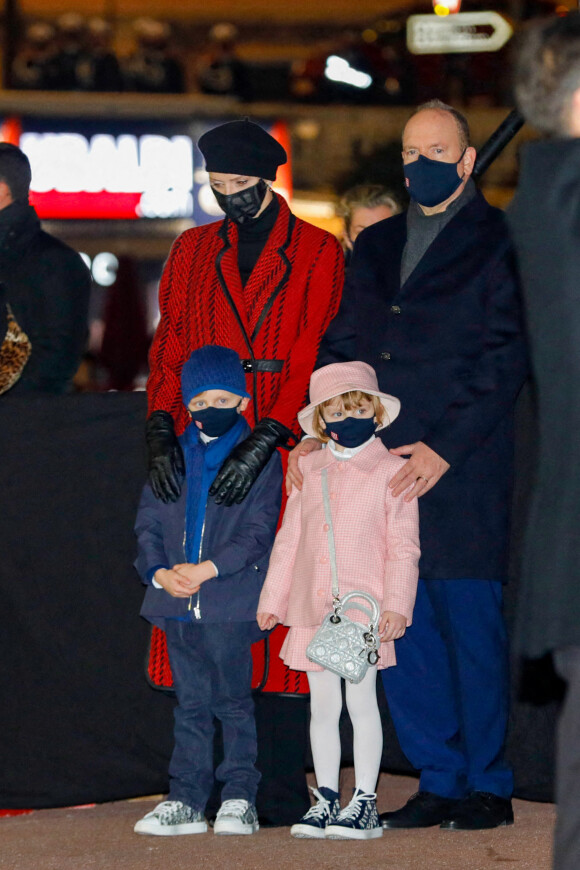 Le prince Albert II de Monaco, sa femme la princesse Charlene et leurs enfants le prince héréditaire Jacques et la princesse Gabriella durant la célébration de la Sainte Dévote, Sainte patronne de Monaco, à Monaco le 26 janvier 2021. © Claudia Albuquerque /Bestimage