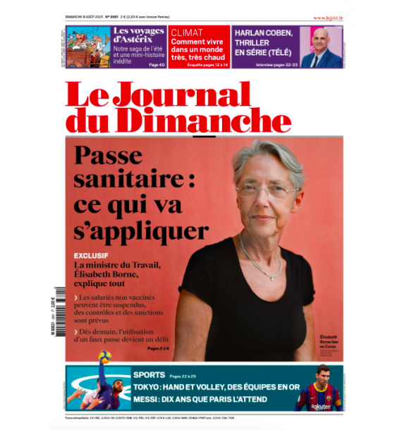 Couverture du Journal du Dimanche, paru le 8 août 2021.