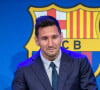 Lionel Messi annonce son départ du FC Barcelone lors d'une conférence de presse au Camp Nou. Barcelone, le 8 août 2021. © Marc Gonzalez Aloma/AFP7 via Zuma Press/Bestimage