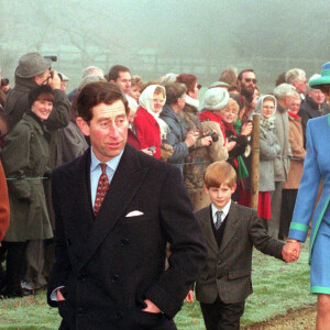 Le prince Philip, le prince Charles, Diana et le prince Hary, Sarah Ferguson et le prince Andrew lors de la messe de Noël à Sandringham en 1991.