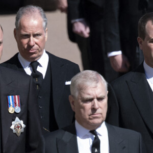 Le prince Andrew, duc d'York, le prince William, duc de Cambridge, Peter Phillips, le prince Harry, duc de Sussex, David Armstrong-Jones, comte de Snowdon - Arrivées aux funérailles du prince Philip, duc d'Edimbourg à la chapelle Saint-Georges du château de Windsor, le 17 avril 2021.