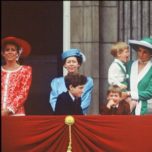 Diana et ses fils William et Harry au balcon de Buckingham pour la parade Trooping The Colour en 1988.