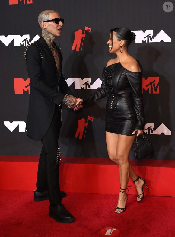 Travis Barker and Kourtney Kardashian at the 2021 MTV Video Music Awards held at Barclays Center on September 12, 2021 in Brooklyn, New York City, NY, USA. Photo by OConnor-Arroyo/AFF/ABACAPRESS.COM 