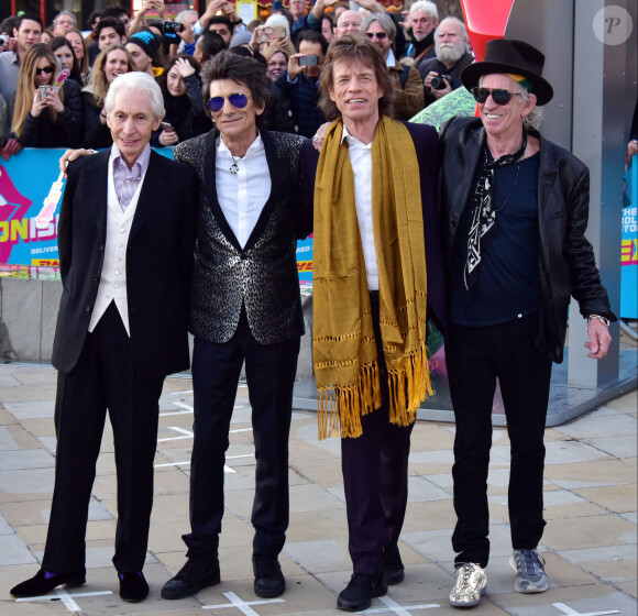 Les Rolling Stones Charlie Watts, Ronnie Wood, Mick Jagger et Keith Richards au vernissage de l'exposition "Exhibitionism" consacrée aux Rolling Stones à la Saatchi Gallery de Londres le 4 avril 2016. © CPA / Bestimage