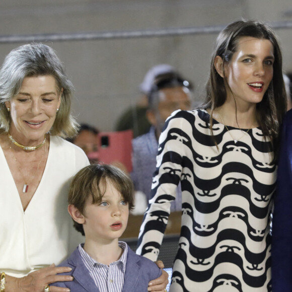 La princesse Caroline de Hanovre avec sa fille, Charlotte Casiraghi, et son petit-fils Raphaël Elmaleh, 7 ans (qui fait sa première participation officielle à une manifestation monégasque), lors de la dernière journée de la 15ème édition du Longines Global Champions Tour Jumping International de Monaco, le 3 juillet 2021. © Claudia Albuquerque/Bestimage