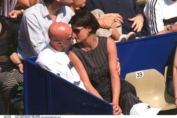 Linda Evangelista et Fabien Barthez dans les tribunes de la finale de l'open de tennis de Monte-Carlo.