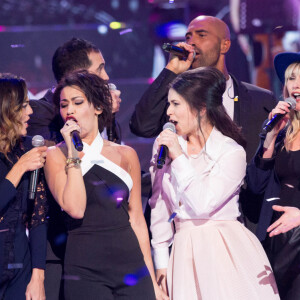 Exclusif - Les chanteurs de la Star Academy Saison 4 (Karima Charni, Hoda Sanz, Mathieu Johann, Tina Tictone, Lucie Bernardoni, Sofiane Tadjine-Lambert, Francesca Antoniotti, Enrique Toyos) - Emission hommage à "Grégory Lemarchal, 10 ans après l'histoire continue" au Zénith de Paris et retransmis en direct sur TF1 le 7 janvier 2017. © Cyril Moreau/Bestimage