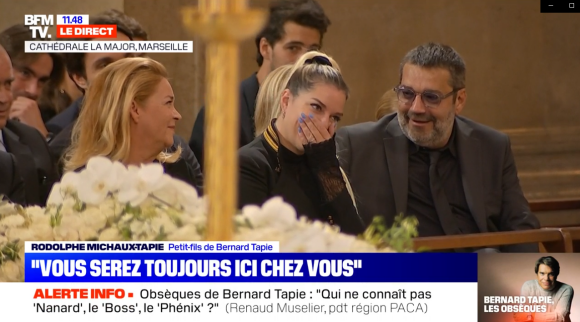 Sophie Tapie gênée par une anecdote de son neveau Rodolphe Tapie lors des obsèques de Bernard Tapie en la cathédrale de La Major à Marseille. Le 8 octobre 2021.