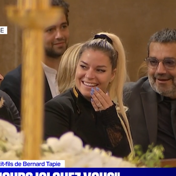 Sophie Tapie gênée par une anecdote de son neveau Rodolphe Tapie lors des obsèques de Bernard Tapie en la cathédrale de La Major à Marseille. Le 8 octobre 2021.