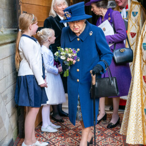 La reine Elisabeth II d'Angleterre et la princesse Anne arrivent à un service d'action de grâce à l'abbaye de Westminster pour marquer le centenaire de la Royal British Legion, à Londres, Royaume Uni.