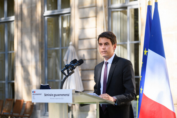 Le porte-parole du gouvernement Gabriel Attal lors du point presse à l'issue du Conseil des ministres au palais de l'Elysée à Paris. Le 9 septembre 2020