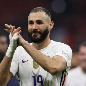 Karim Benzema - Football: La France remporte la coupe de la Ligue des Nations en battant l'Espagne 2 buts à 1 à Milan le 10 octobre 2021.