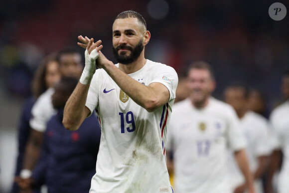 Karim Benzema - Football: La France remporte la coupe de la Ligue des Nations en battant l'Espagne 2 buts à 1 à Milan le 10 octobre 2021.