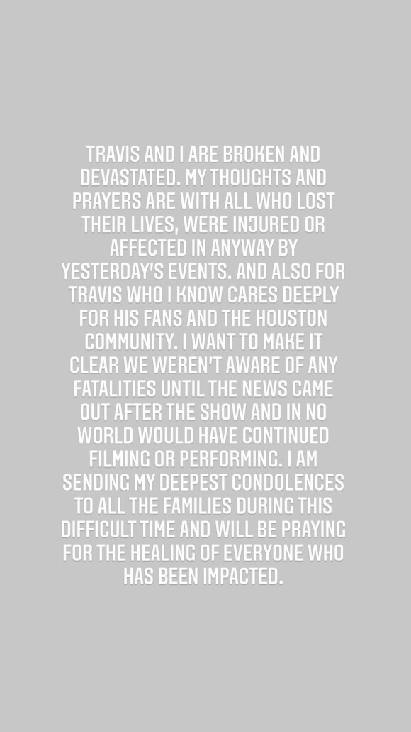 Kylie Jenner a posté un message de la part de son compagnon Travis Scott et elle sur Instagram, suite au drame survenu durant le concert.
