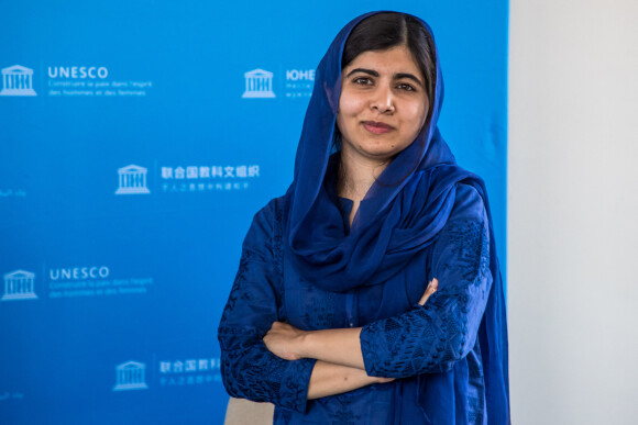Malala Yousafzai en entretien privé avec le président de la République française lors de la clôture de la conférence internationale sur l'éducation des filles et des femmes à l'UNESCO à Paris. Le 5 juillet 2019 © Christophe Petit-Tesson / Pool / Bestimage