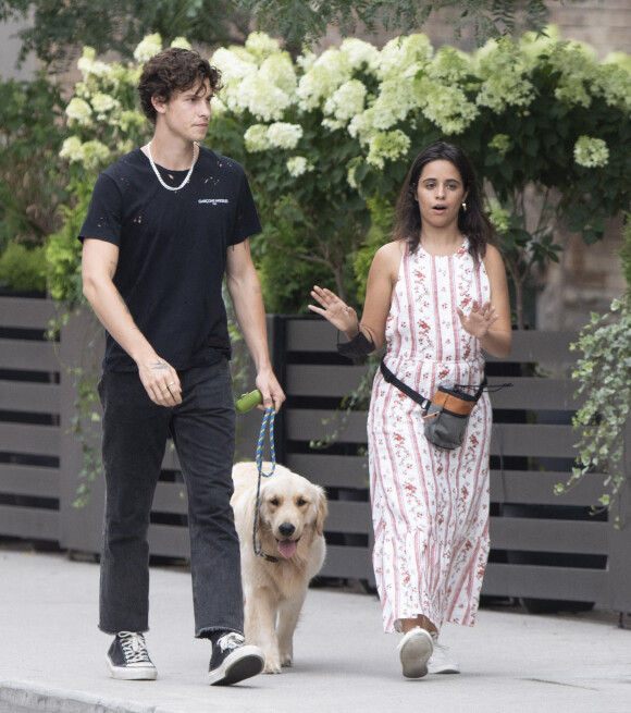 Exclusif - Shawn Mendes et sa compagne Camila Cabello promènent leur chien Tarzan dans les rues de Toronto au Canada, le 12 août 2021.