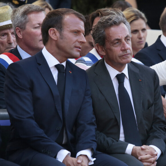 Le président Emmanuel Macron, Nicolas Sarkozy lors du 75ème anniversaire du débarquement en Provence pendant la seconde guerre mondiale à Saint-Raphaël