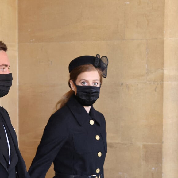 La princesse Beatrice d'York et son mari Edoardo Mapelli Mozzi - Arrivées aux funérailles du prince Philip, duc d'Edimbourg à la chapelle Saint-Georges du château de Windsor, le 17 avril 2021.