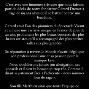 David Hallyday réagit à la mort du producteur Gérard Drouot sur Instagram, le 11 janvier 2022.