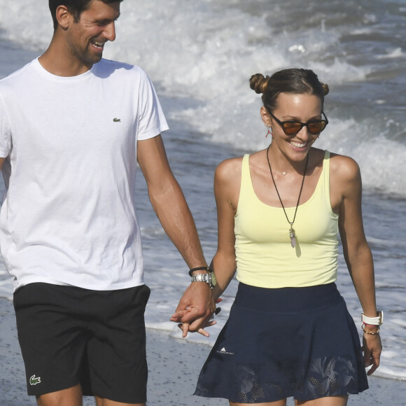 Novak Djokovic passe ses vacances avec sa femme Jelena et ses enfants Stefan et Tara sur une plage de Marbella en Espagne le 1er aout 2019.