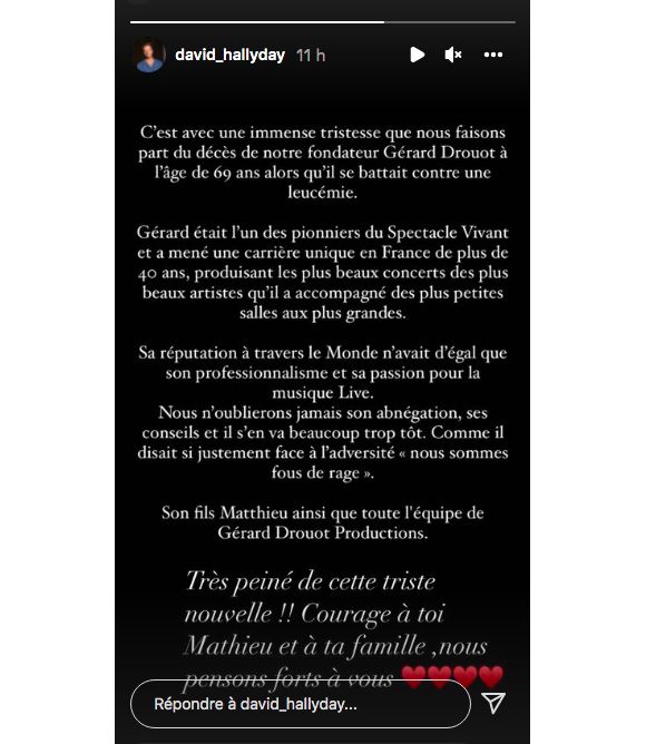 David Hallyday réagit à la mort du producteur Gérard Drouot sur Instagram, le 11 janvier 2022.