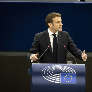 Emmanuel Macron (président de la République Française), à la tribune du Parlement Européen à Strasbourg, le 19 janvier 2022.