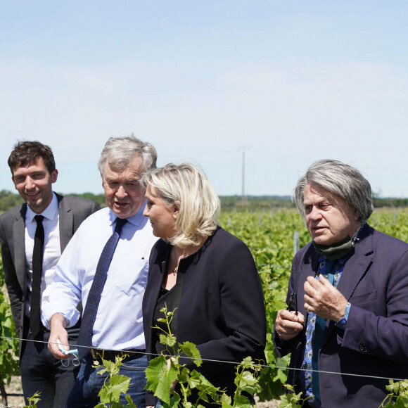 Jean-Paul Garraud, candidat RN pour l'occitanie, Marine Le Pen, présidente du Rassemblement National, Gilbert Collard lors d'une opération de soutien au candidat RN pour l'Occitanie à Saint-Gilles dans un domaine viticole le 20 mai 2021.