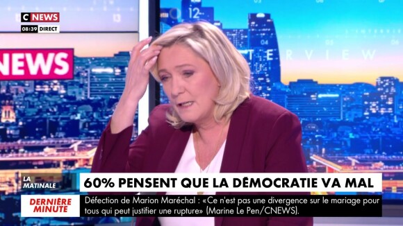Extrait de la matinale de CNews durant laquelle Laurence Ferrari interroge Marine Le Pen sur sa nièce Marion Maréchal, qui réfléchit à rejoindre le mouvement politique d'Eric Zemmour.