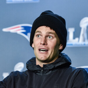 Le 31 janvier 2018, le quarterback Tom Brady des Patriots s'exprime pendant une conférence de presse en marge du Super Bowl. Photo by Anthony Behar/SPUS/ABACAPRESS.COM