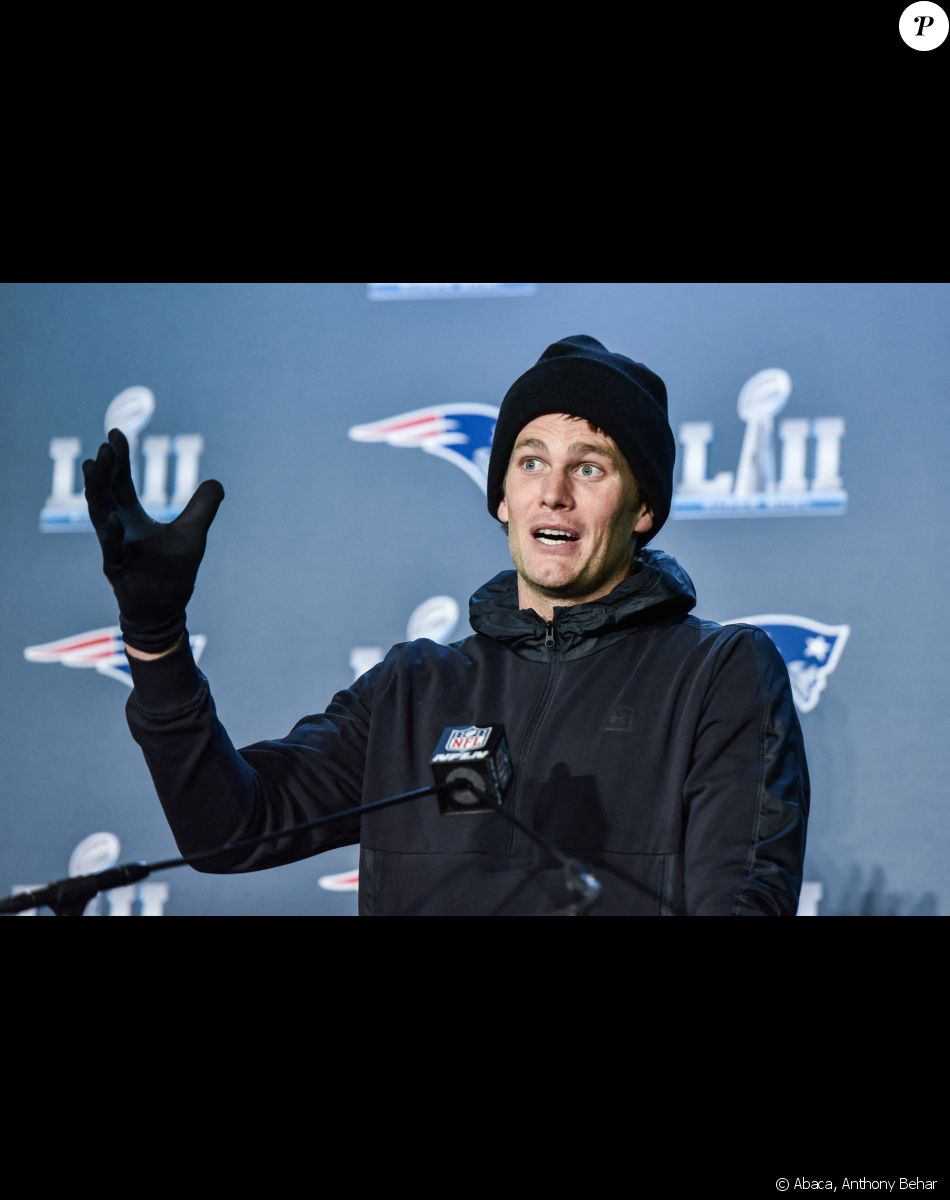 Le 31 janvier 2018, le quarterback Tom Brady des Patriots s'exprime pendant une conférence de presse en marge du Super Bowl. Photo by Anthony Behar/SPUS/ABACAPRESS.COM