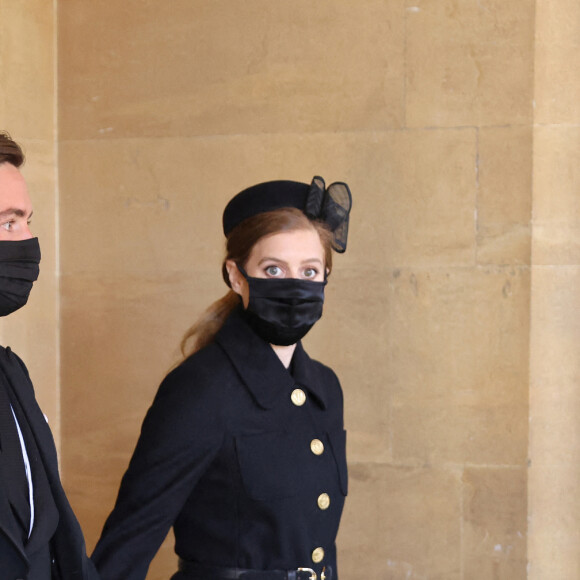 La princesse Beatrice d'York et son mari Edoardo Mapelli Mozzi - Arrivées aux funérailles du prince Philip, duc d'Edimbourg à la chapelle Saint-Georges du château de Windsor, le 17 avril 2021.