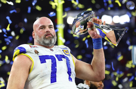 Los Angeles Rams offensive tackle Andrew Whitworth (77) hoists the Lombardi Trophy after defeating the Cincinnati Bengals in Super Bowl LVI at SoFi Stadium.Los Angeles, CA, USA, February 13, 2022. Photo by Mark J. Rebilas-USA Today Sports/SPUS/ABACAPRESS.COM 
