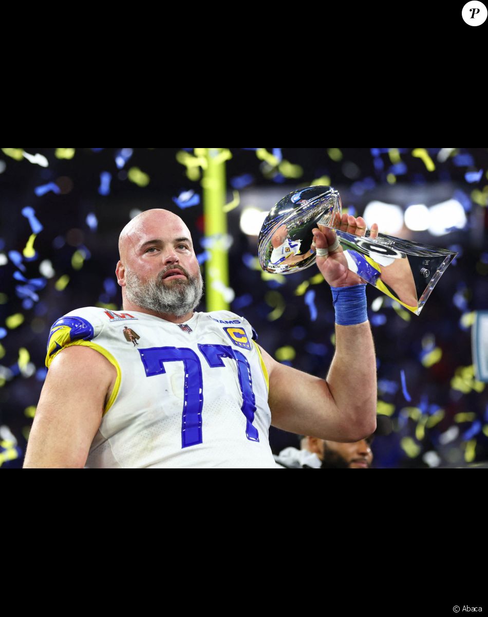 Los Angeles Rams offensive tackle Andrew Whitworth (77) hoists the Lombardi Trophy after defeating the Cincinnati Bengals in Super Bowl LVI at SoFi Stadium.Los Angeles, CA, USA, February 13, 2022. Photo by Mark J. Rebilas-USA Today Sports/SPUS/ABACAPRESS.COM