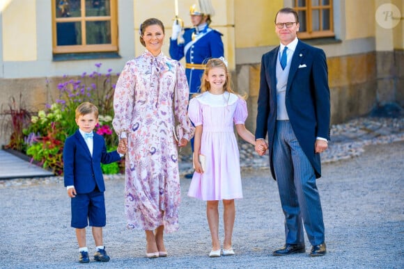 La princesse Victoria de Suède, le prince Daniel, la princesse Estelle, le prince Oscar - La famille royale suédoise au baptême du prince Julian, duc de Halland au château de Drottningholm sur l'île de Lovön à Ekero en Suède le 14 août 2021