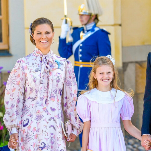 La princesse Victoria de Suède, le prince Daniel, la princesse Estelle, le prince Oscar - La famille royale suédoise au baptême du prince Julian, duc de Halland au château de Drottningholm sur l'île de Lovön à Ekero en Suède le 14 août 2021