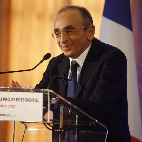 Eric Zemmour - Conférence de presse du candidat du parti "Reconquète" à l'élection présidentielle 2022, pour la présentation du projet présidentiel à la Maison de la Chimie à Paris. Le 23 mars 2022