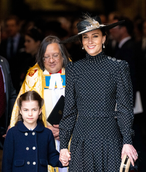 Catherine (Kate) Middleton, duchesse de Cambridge et La princesse Charlotte de Cambridge lors du service d'action de grâce en hommage au prince Philip, duc d'Edimbourg, à l'abbaye de Westminster à Londres, Royaume Uni, le 29 mars 2022. Le prince Philip, duc d'Edimbourg, est décédé le 9 avril 2021. 