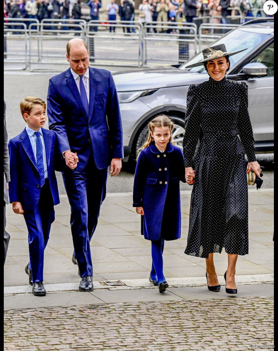 Le prince William, duc de Cambridge, et Catherine (Kate) Middleton, duchesse de Cambridge, Le prince George de Cambridge, La princesse Charlotte de Cambridge - Service d'action de grâce en hommage au prince Philip, duc d'Edimbourg, à l'abbaye de Westminster à Londres, le 29 mars 2022. Le prince Philip, duc d'Edimbourg, est décédé le 9 avril 2021.