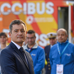 Gerald Darmanin - Le président de la République Emmanuel Macron lors de la clôture du 127ème Congrès National des Sapeurs Pompiers de France au Parc Chanot à Marseille. Le 16 octobre 2021